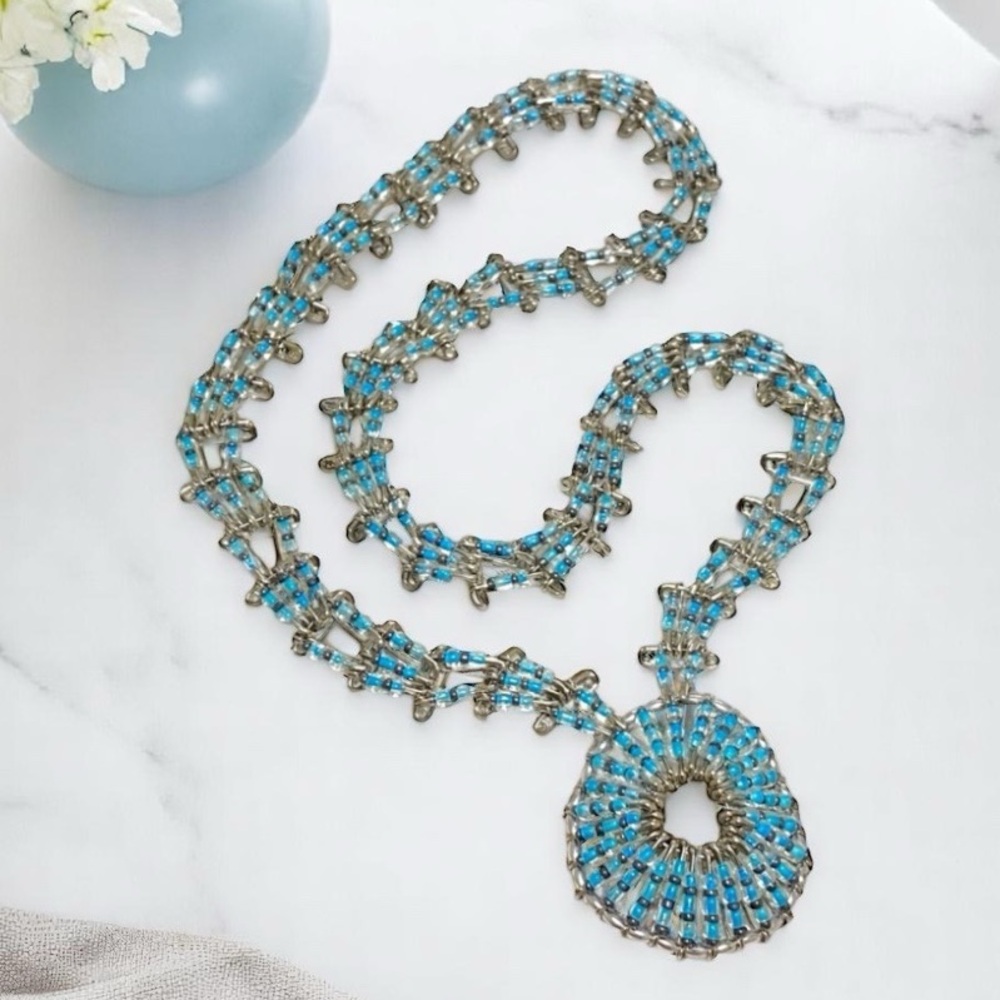 Silver Beaded Large Pendant Artisan Long Necklace